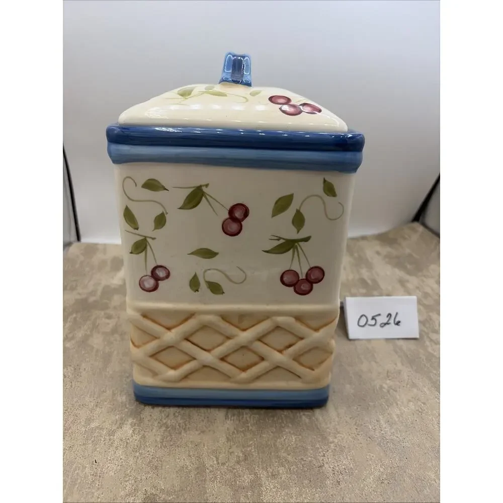Large Inspirado Square Hand Painted BISCOTTI COOKIE JAR Cherry Basket Weave